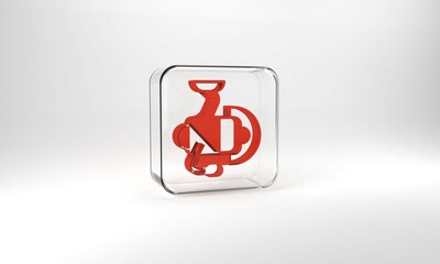 Red Spinning reel for fishing icon isolated on grey background. Fishing coil. Fishing tackle. Glass square button. 3d illustration 3D render