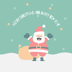 merry christmas and happy new year with cute santa claus and bag sack of present gift in the winter season green background, flat vector illustration cartoon character costume design