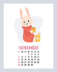 November 2023 calendar. Cute cozy rabbit in sweater and knitted socks with cup of hot tea. Vector illustration. Vertical Template. Week from sunday In English. 2023 year bunny.