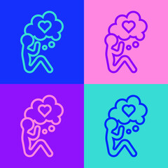 Pop art line Human head with heart icon isolated on color background. Love concept with human head. Vector