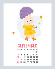 September 2023 calendar. Cute bunny under an umbrella, in raincoat and rubber boots with falling autumn leaves. Vector illustration. Vertical Template. Week from sunday. English.