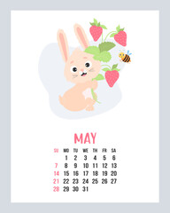 Obraz premium May 2023 calendar. Cute bunny with bouquet of strawberries and funny bee. Vector illustration. Vertical Template. Week from sunday In English. 2023 year rabbit to Chinese zodiac.