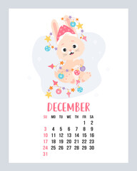 December 2023 calendar. Cute bunny in santa hat with garland and christmas balls. Vector illustration. Vertical Template. Week from sunday In English. rabbit is symbol 2023 year.