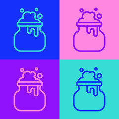 Pop art line Witch cauldron icon isolated on color background. Happy Halloween party. Vector