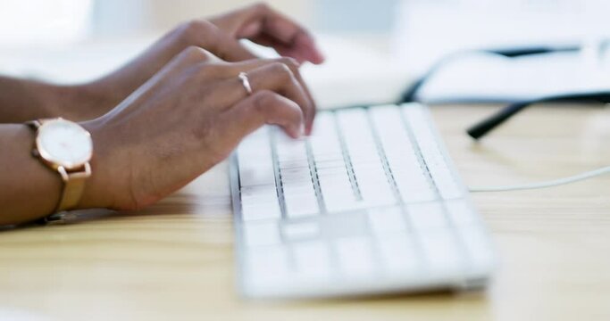 Hands of business woman typing on laptop keyboard and send an email online to contact. Entrepeneur working on proposal while planning strategy in a startup company at a office table or desk with zoom