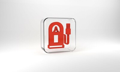 Red Petrol or gas station icon isolated on grey background. Car fuel symbol. Gasoline pump. Glass square button. 3d illustration 3D render