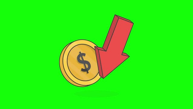 Loss Money Revenue On Green Screen Background. 3D Financial Down Concept Animation