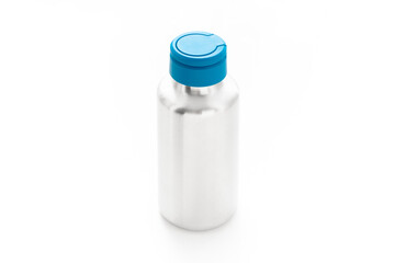 Thermo bottle isolated on white background. Stainless steel water bottle. Daily use. Beverage. Drinking. Travel cup. Object.