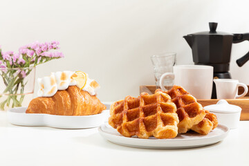 Lemon croissants and waffles menu in cafe. Bakery menu. Coffee shop. Isolated on white background....