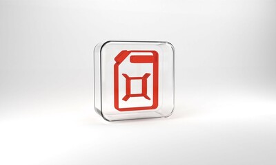 Red Canister for gasoline icon isolated on grey background. Diesel gas icon. Glass square button. 3d illustration 3D render