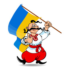 Ukrainian Cossack in ethnic dress with the flag of Ukraine. Vector on transparent background
