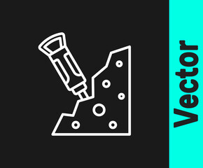 White line Construction jackhammer and stone icon isolated on black background. Vector