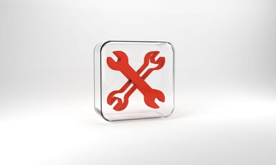 Red Wrench spanner icon isolated on grey background. Spanner repair tool. Service tool symbol. Glass square button. 3d illustration 3D render