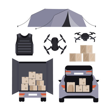 Set of humanitarian aid material assistance governmental help. Drones, body armor, army donation. Save Ukraine. Vector isolated on background in flat style