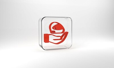 Red Racing helmet icon isolated on grey background. Extreme sport. Sport equipment. Glass square button. 3d illustration 3D render