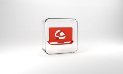 Red Racing helmet icon isolated on grey background. Extreme sport. Sport equipment. Glass square button. 3d illustration 3D render