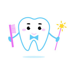 Cute tooth with magic wand. Happy tooth fairy with toothbrush. Concept for kids for dentistry