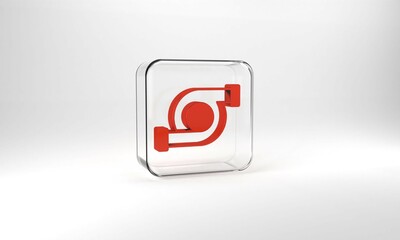 Red Automotive turbocharger icon isolated on grey background. Vehicle performance turbo. Turbo compressor induction. Glass square button. 3d illustration 3D render