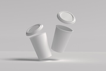 Flying paper coffee cup mockup with lid 3D render with space for design