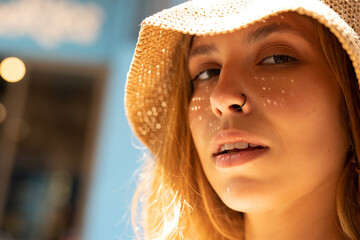 Close-up of pretty young caucasian woman looking at camera walking under sun. Blonde girl with piercing wears hat in summer. Leisure lifestyle and beauty concept.