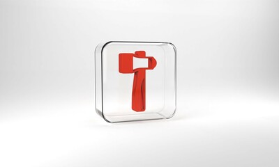 Red Hammer icon isolated on grey background. Tool for repair. Glass square button. 3d illustration 3D render