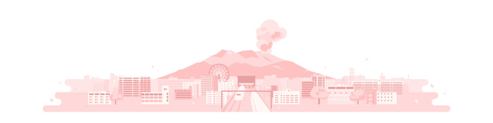 鹿児島 街 桜島 新幹線 観覧車 風景（ピンク色）
