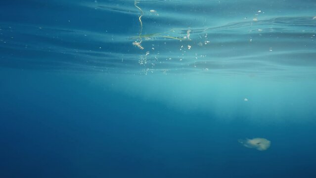 Plastic microparticles in the calm ocean, pollution concept