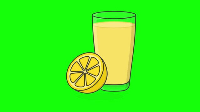 Lemon Juice With Fruit On Green Screen Background. 3D Fresh Lemon Juice Animation
