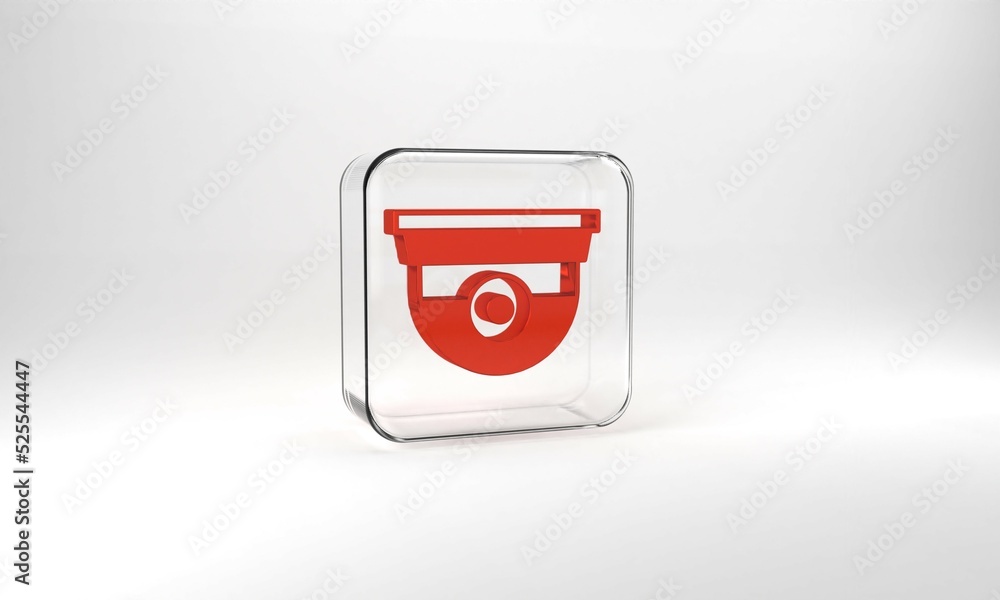 Poster red security camera icon isolated on grey background. glass square button. 3d illustration 3d render