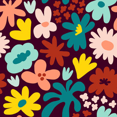 Abstract seamless pattern with cute hand drawn meadow flowers. Fashion stylish natural background. Hand drawn design elements for fabric, print, cover, banner, wrapping, wallpaper.
