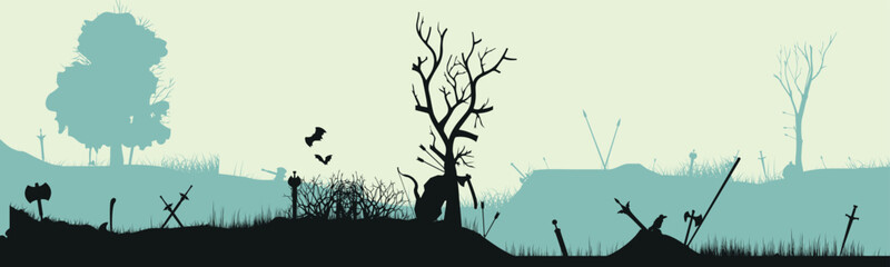 Silhouette of the historic battlefield at night. Military silhouettes of the battle scene after the battle. Weapons scattered across the field. Vector illustration.