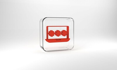 Red Laptop with password notification icon isolated on grey background. Security, personal access, user authorization, login form. Glass square button. 3d illustration 3D render