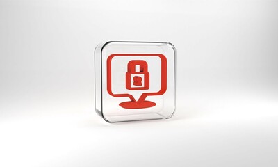 Red Lock icon isolated on grey background. Padlock sign. Security, safety, protection, privacy concept. Glass square button. 3d illustration 3D render
