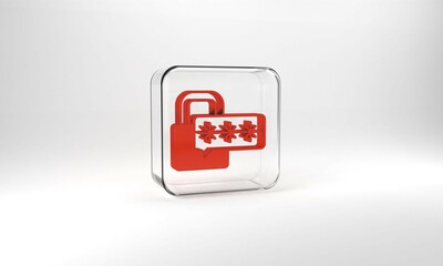 Red Cyber security icon isolated on grey background. Closed padlock on digital circuit board. Safety concept. Digital data protection. Glass square button. 3d illustration 3D render