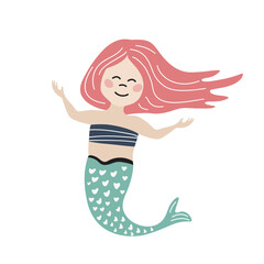 Cute cartoon mermaid with pink hair. Can be used for kids clothes design, prints and posters.
