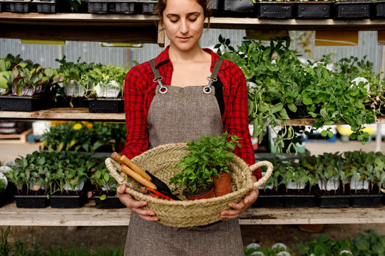 Crop gardener carrying tools and seedlings