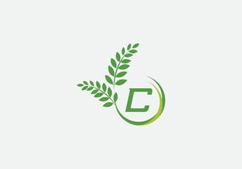 Green leaf and laurel wreath logo design vector with the letter and alphabet C