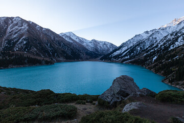 Dawn meeting on the Big Almaty Lake in the Tien Shan mountains