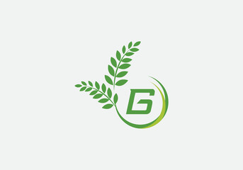 Green leaf and laurel wreath logo design vector with the letter and alphabet G