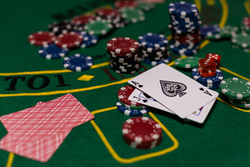 Black Jack casino table with cards and chips