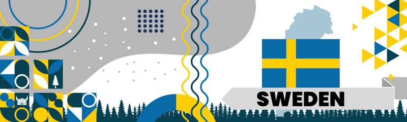 Sweden national banner, Swedish flag and trees, blue and yellow color design