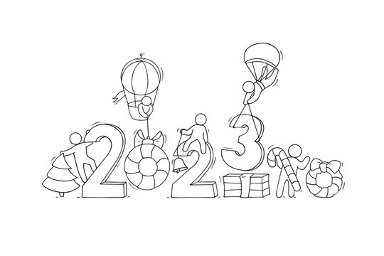 Happy New year 2023 banner with doodle people. Vector sketch illustration of cute little men packing gift boxes, collect numbers of year and fly on hot air balloon with hanging Christmas ball