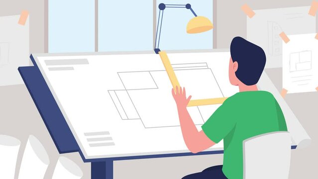 Animated architect illustration. Schematic design development. House construction. Drawing floor plan. Looped flat color 2D cartoon character animation video in 4k with interior on background