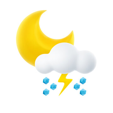 3D Cartoon Weather Icon of Night Hail and Thunderstorm. Sign of Cloud, Crescent Moon, Hailstones and Lightning Isolated on White Background. Vector Illustration of 3d Render.