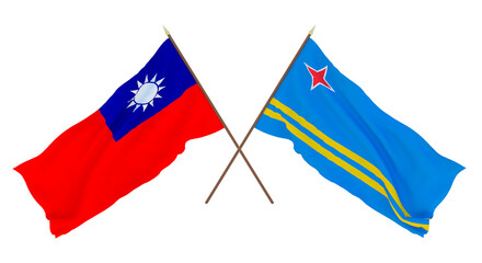 Background, 3D render for designers, illustrators. National Independence Day. Flags Taiwan and Aruba