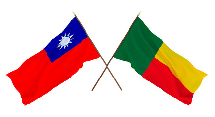 Background, 3D render for designers, illustrators. National Independence Day. Flags Taiwan and Benin