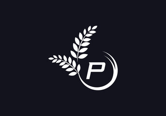 Green leaf and laurel wreath logo design vector with the letter and alphabet P