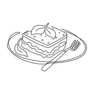 recommend clip art: Lasagna on a plate with fork and spinach leaf, vector isolated line art illustration of italian food.