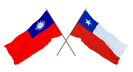 Fototapeta na wymiar Background, 3D render for designers, illustrators. National Independence Day. Flags Taiwan and Chile