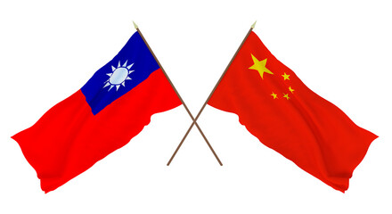 Background, 3D render for designers, illustrators. National Independence Day. Flags Taiwan and China